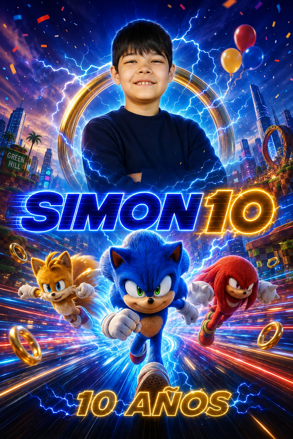 Simón y personajes de Sonic en una ciudad futurista